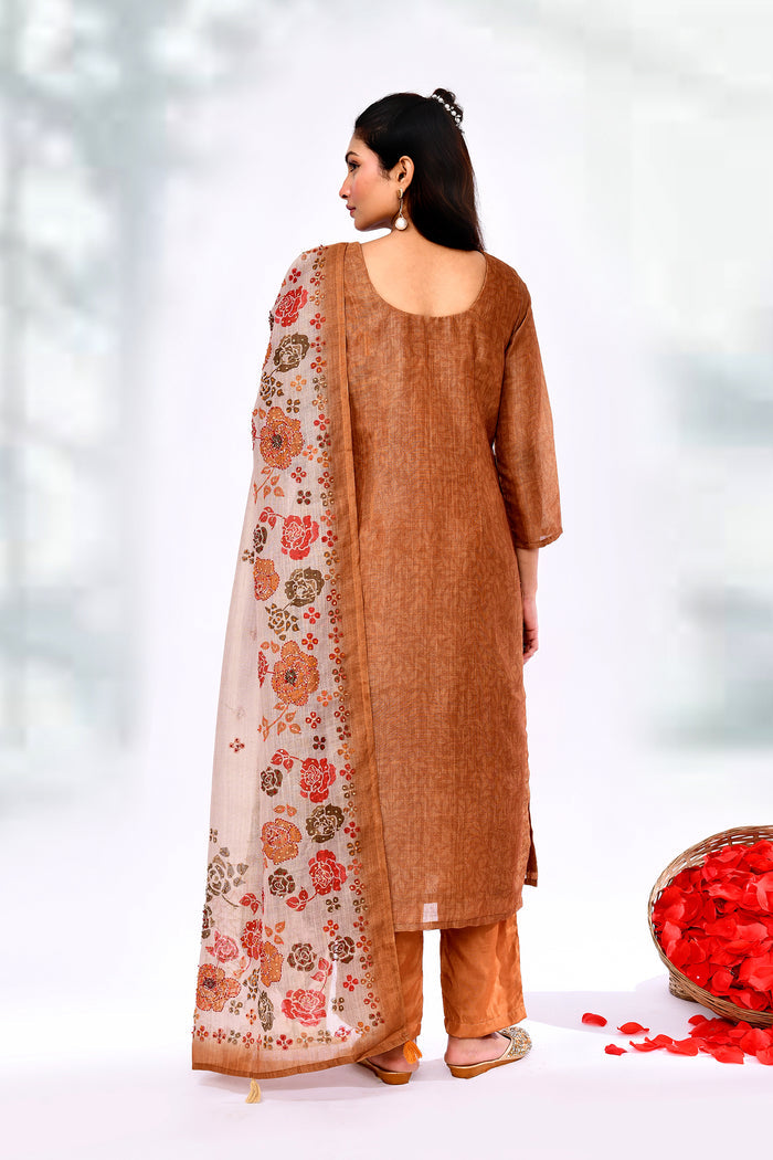Earthy Brown Kota Floral Printed Kurta Set