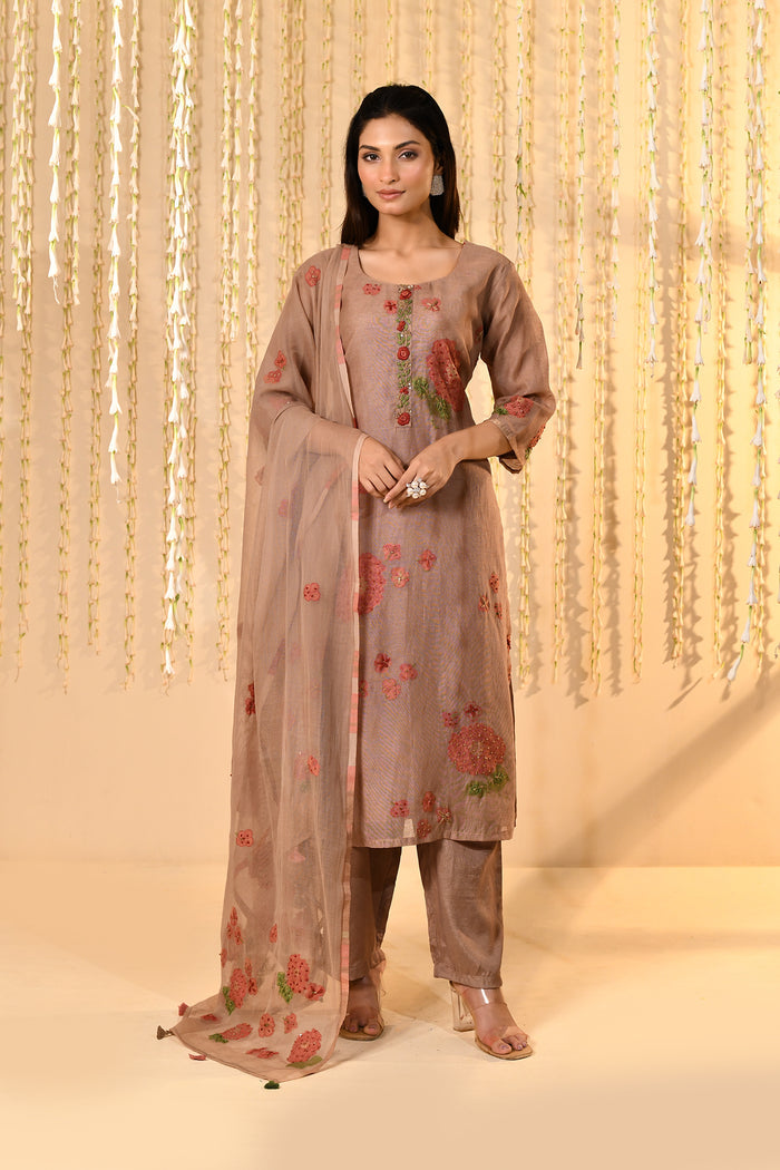 Earthy Brown Mul Chanderi Floral Kurta Set