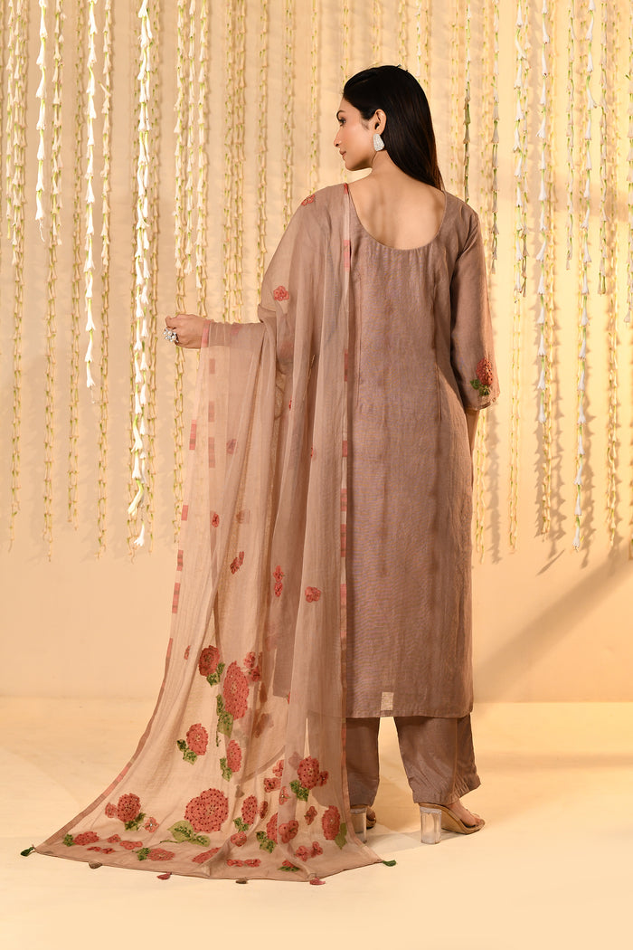 Earthy Brown Mul Chanderi Floral Kurta Set