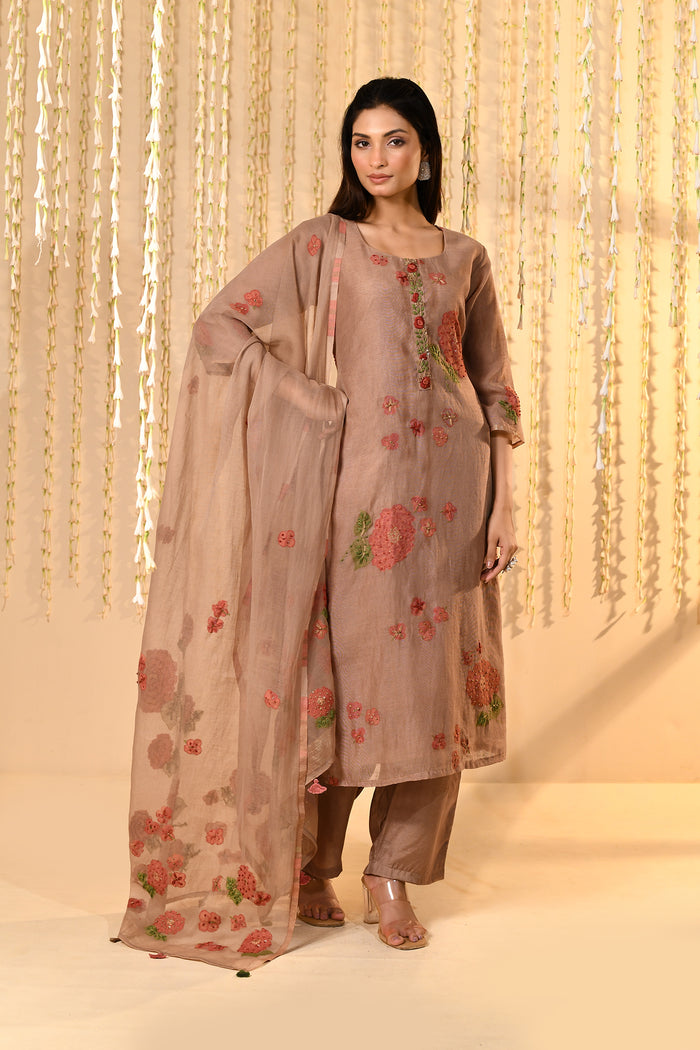 Earthy Brown Mul Chanderi Floral Kurta Set