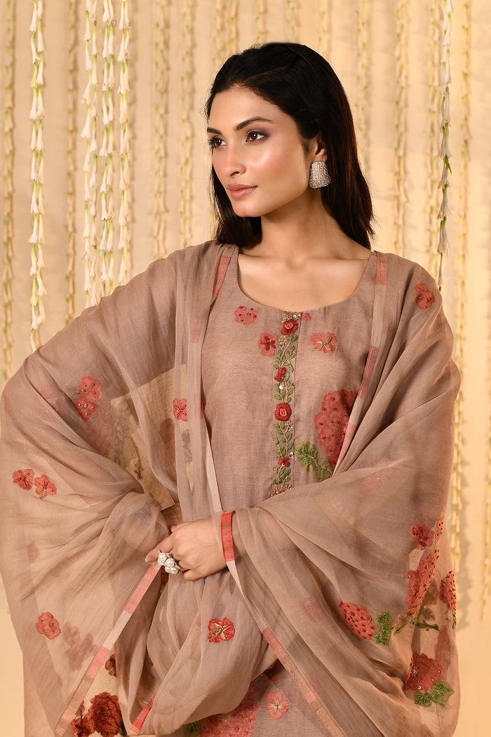 Earthy Brown Mul Chanderi Floral Kurta Set