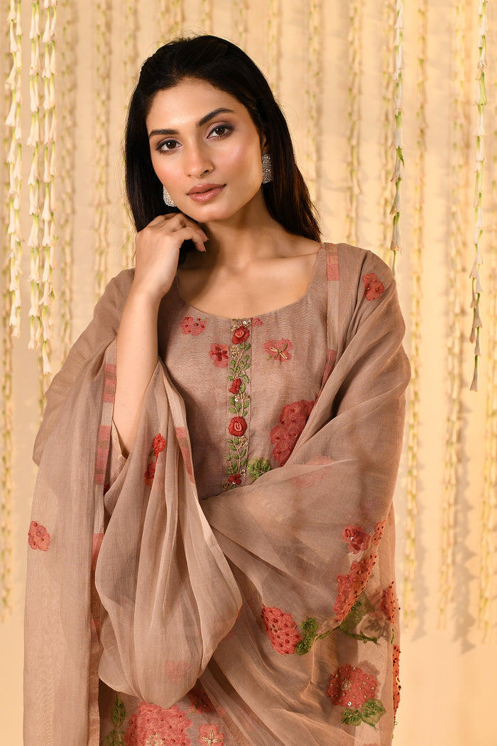 Earthy Brown Mul Chanderi Floral Kurta Set