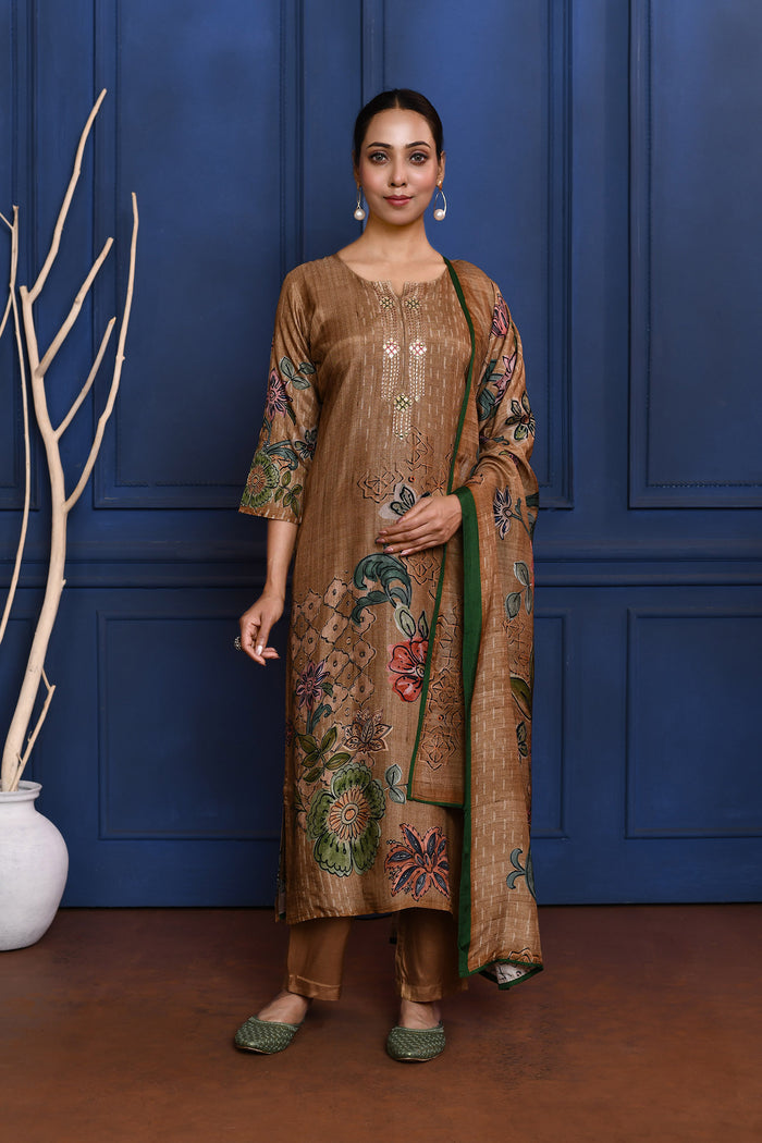Earthy Brown Printed Tussar Silk Kurta Set