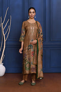 Earthy Brown Printed Tussar Silk Kurta Set