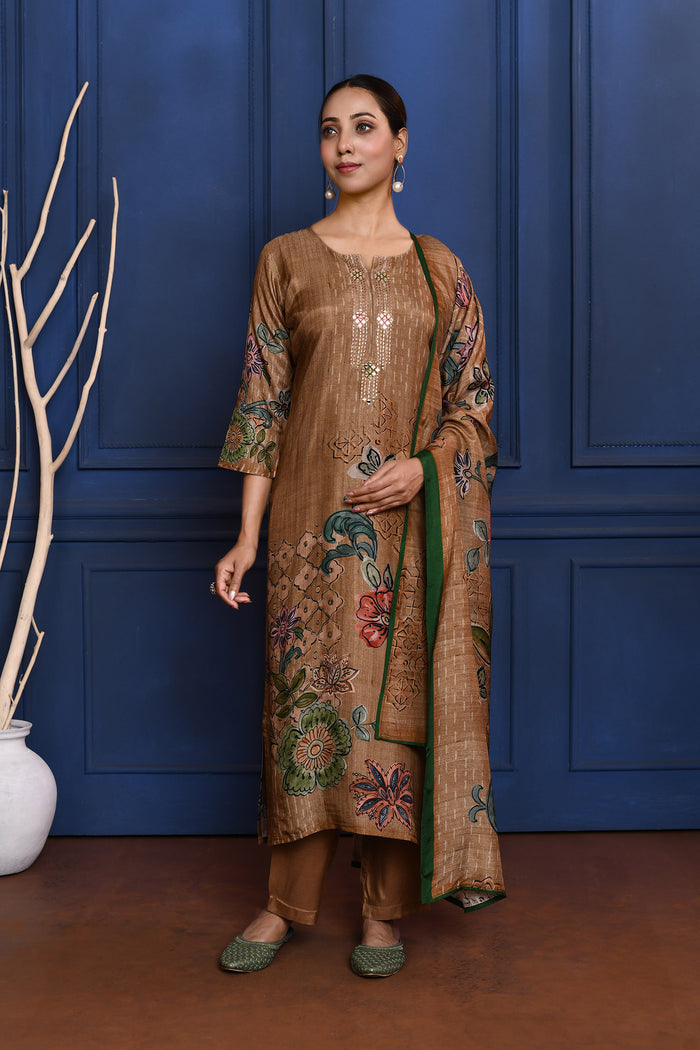 Earthy Brown Printed Tussar Silk Kurta Set