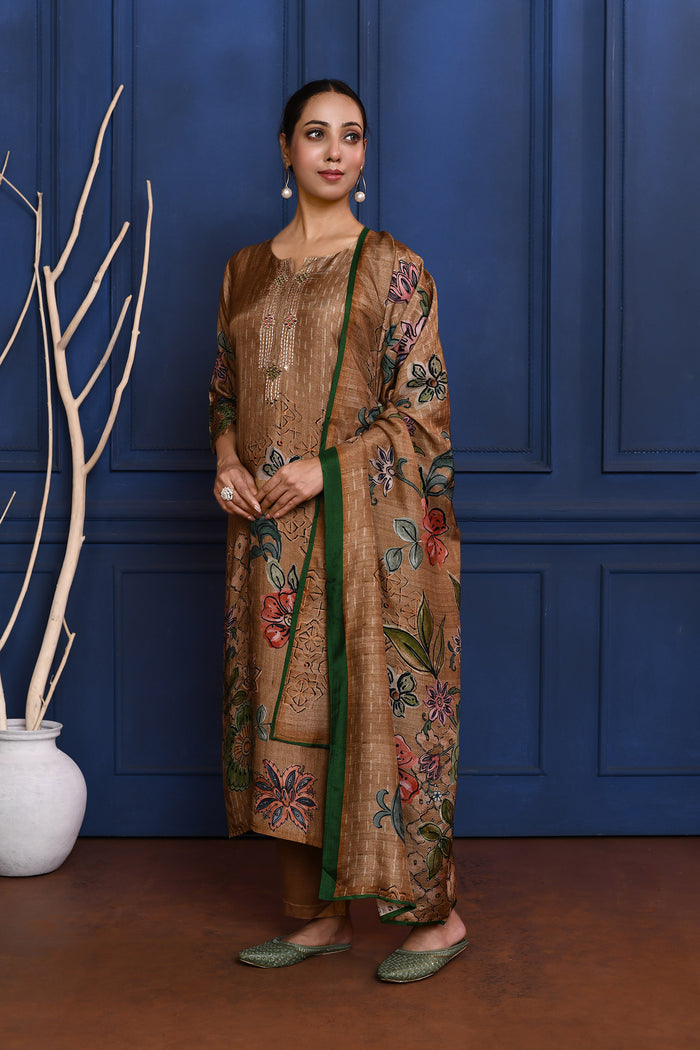 Earthy Brown Printed Tussar Silk Kurta Set