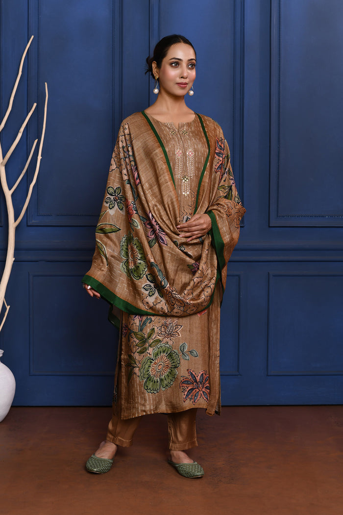 Earthy Brown Printed Tussar Silk Kurta Set