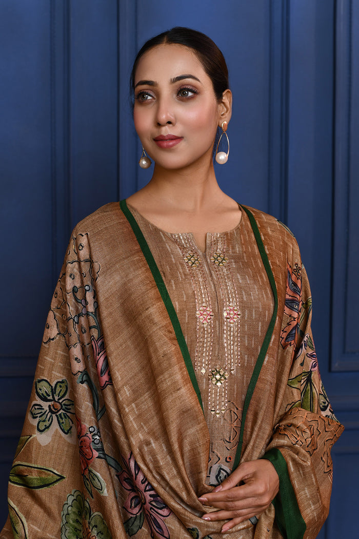 Earthy Brown Printed Tussar Silk Kurta Set