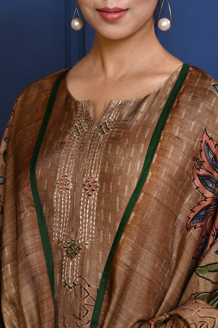 Earthy Brown Printed Tussar Silk Kurta Set