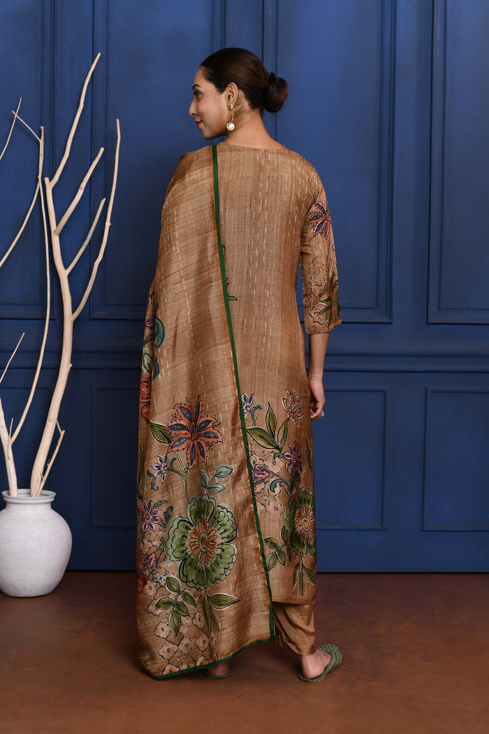 Earthy Brown Printed Tussar Silk Kurta Set