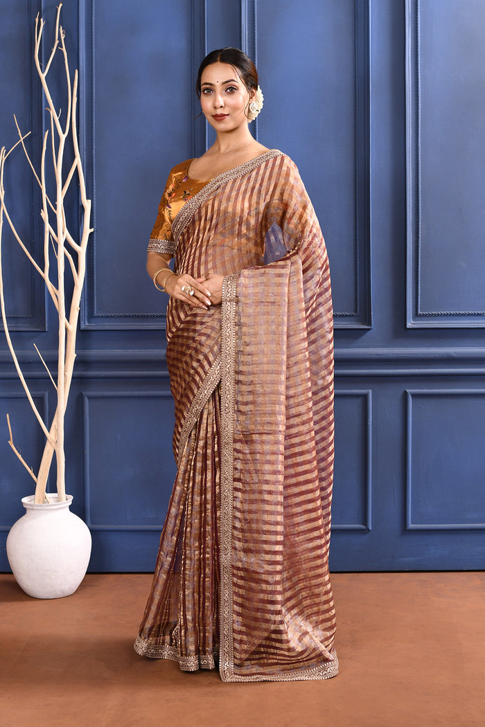 Earthy Dark Pink Embroidered Tissue Saree