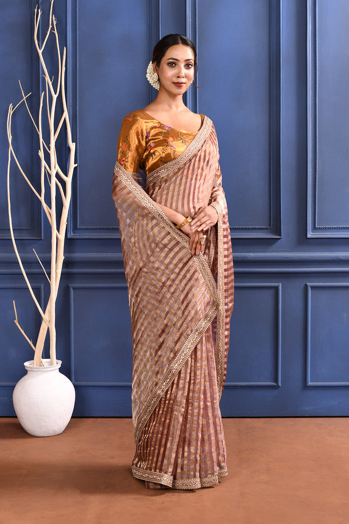 Earthy Dark Pink Embroidered Tissue Saree