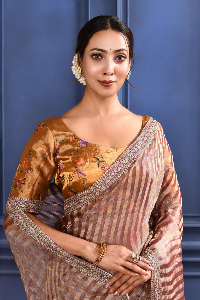 Earthy Dark Pink Embroidered Tissue Saree