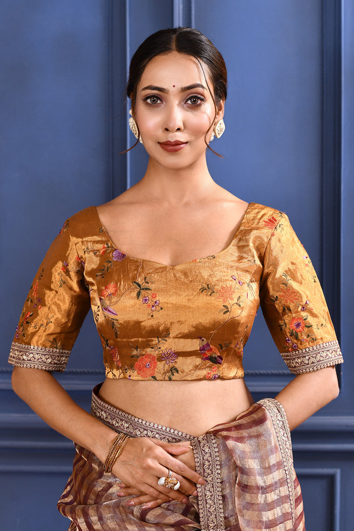 Earthy Dark Pink Embroidered Tissue Saree