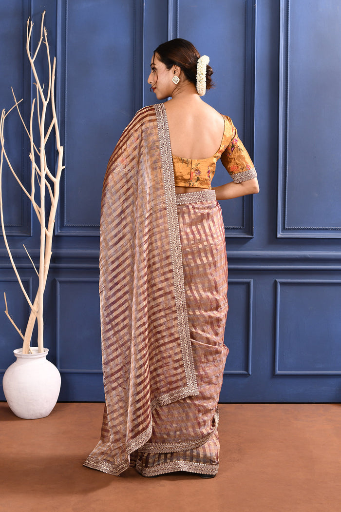 Earthy Dark Pink Embroidered Tissue Saree