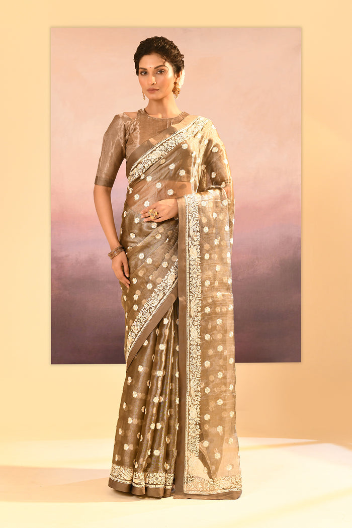 Earthy Green Tissue Embroidered Saree