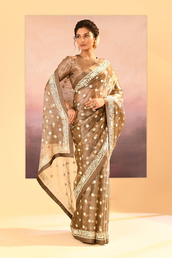 Earthy Green Tissue Embroidered Saree