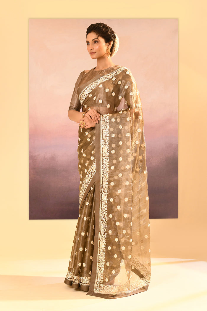 Earthy Green Tissue Embroidered Saree