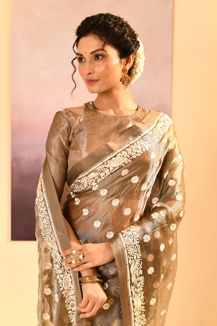 Earthy Green Tissue Embroidered Saree