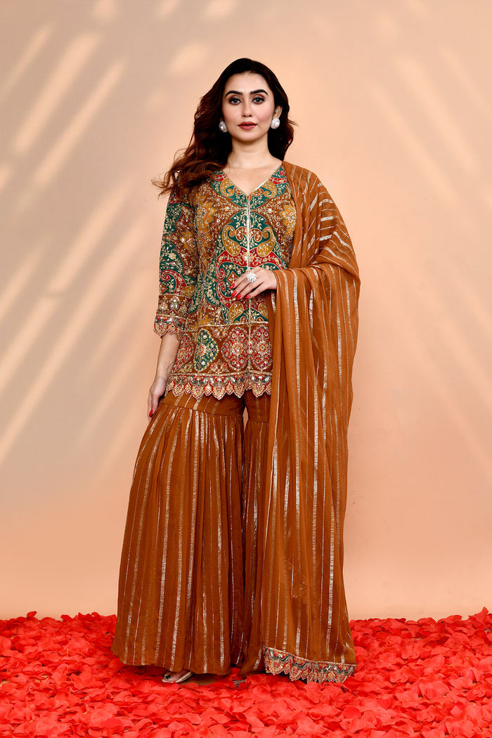 Earthy Orange Georgette Embroidered Sharara Set
