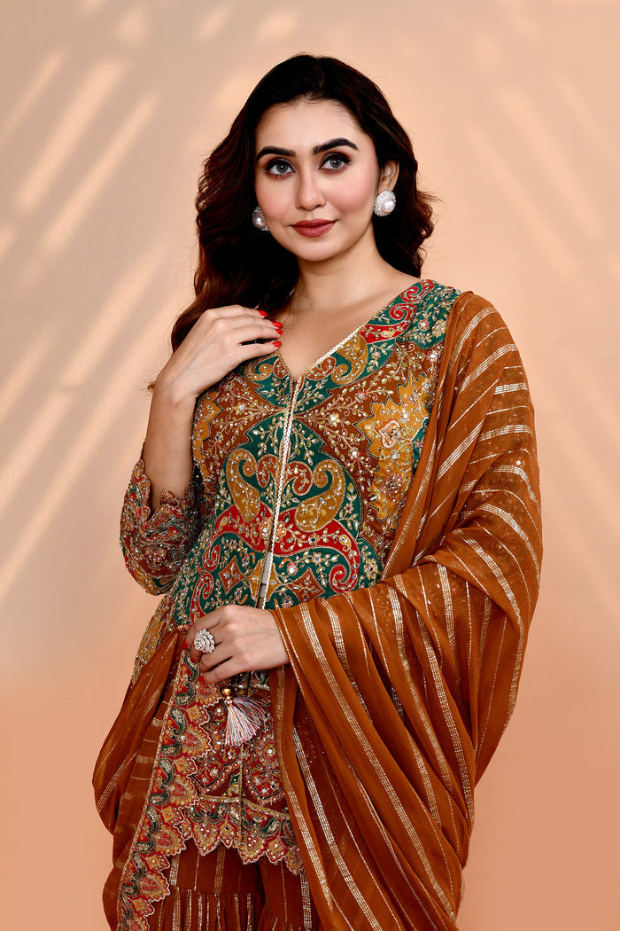 Earthy Orange Georgette Embroidered Sharara Set