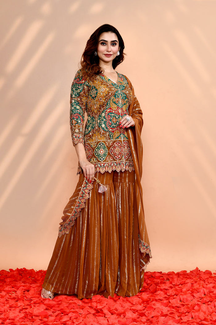 Earthy Orange Georgette Embroidered Sharara Set
