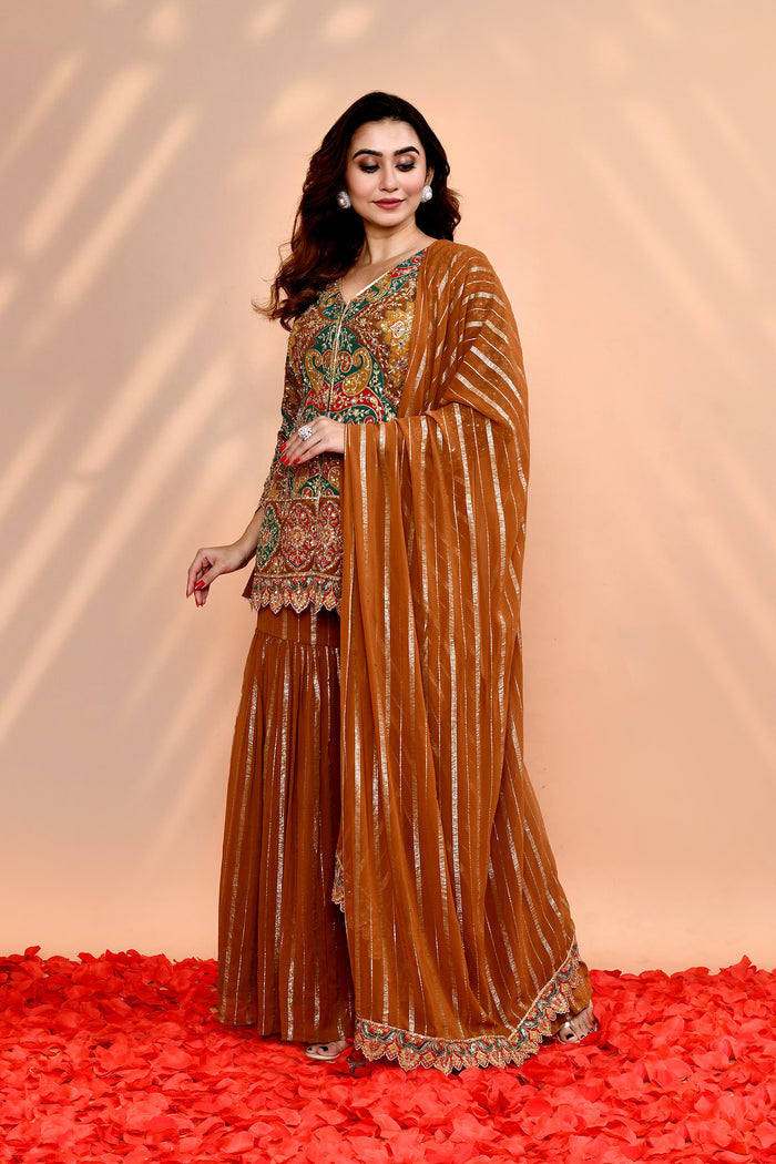 Earthy Orange Georgette Embroidered Sharara Set