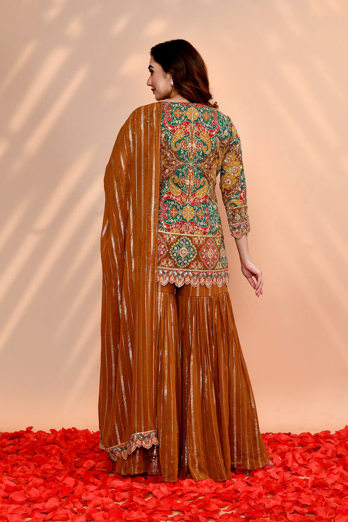 Earthy Orange Georgette Embroidered Sharara Set