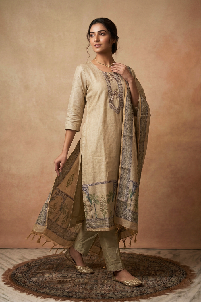 Earthy Pastel Green Chanderi Silk Kurta Set