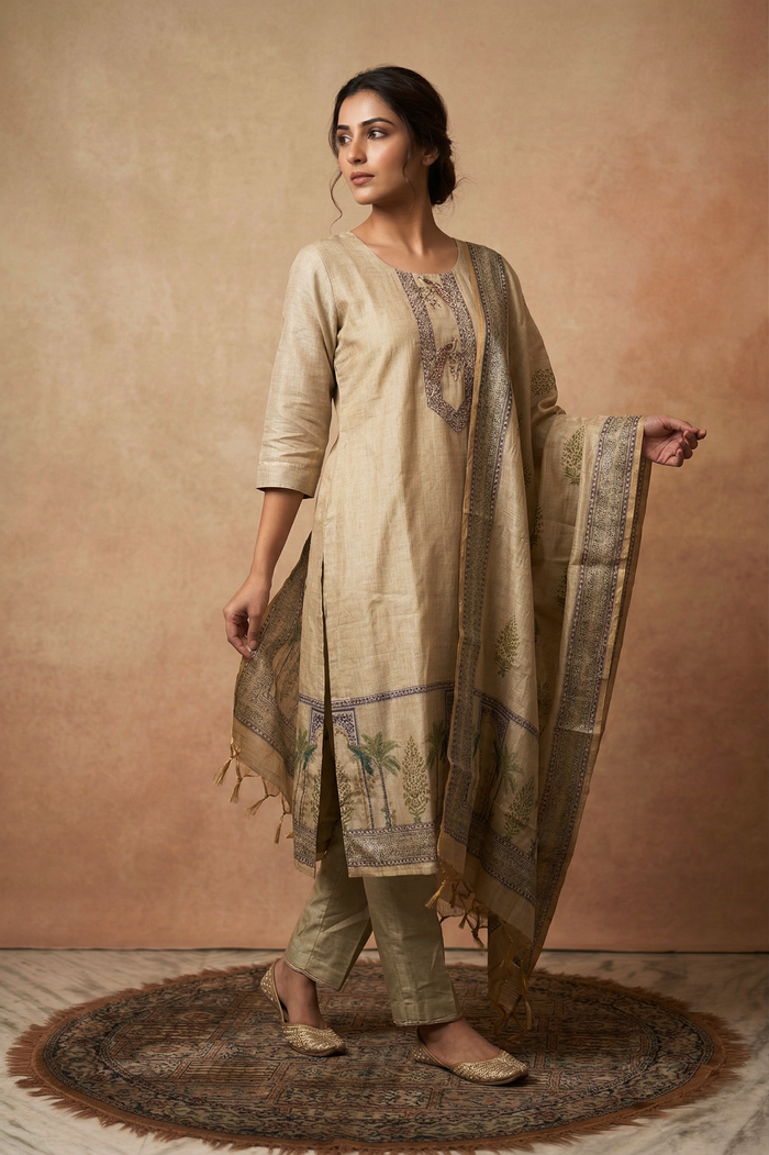 Earthy Pastel Green Chanderi Silk Kurta Set