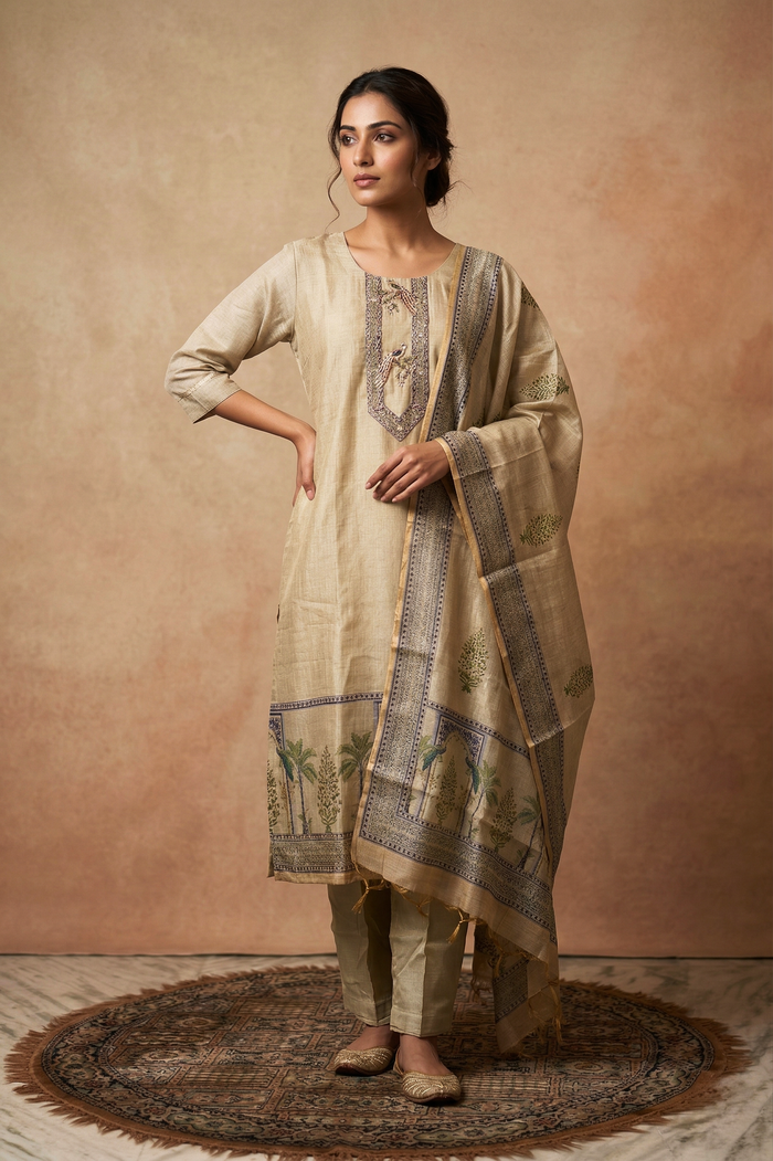 Earthy Pastel Green Chanderi Silk Kurta Set