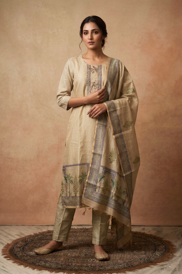 Earthy Pastel Green Chanderi Silk Kurta Set