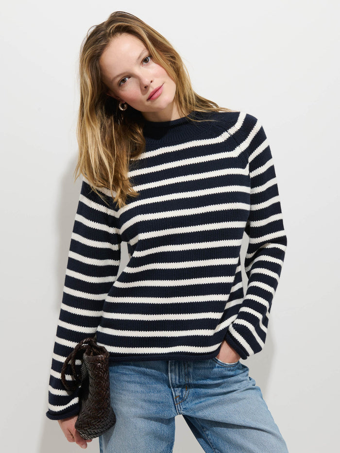 Eastport Striped Rollneck in Cotton -  Dark Navy / Sea Salt