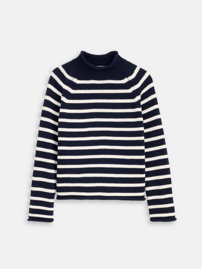 Eastport Striped Rollneck in Cotton -  Dark Navy / Sea Salt