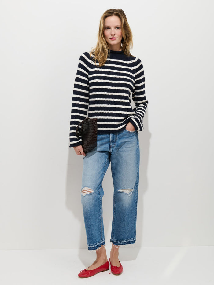 Eastport Striped Rollneck in Cotton -  Dark Navy / Sea Salt