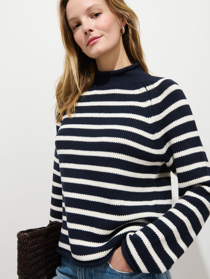 Eastport Striped Rollneck in Cotton -  Dark Navy / Sea Salt