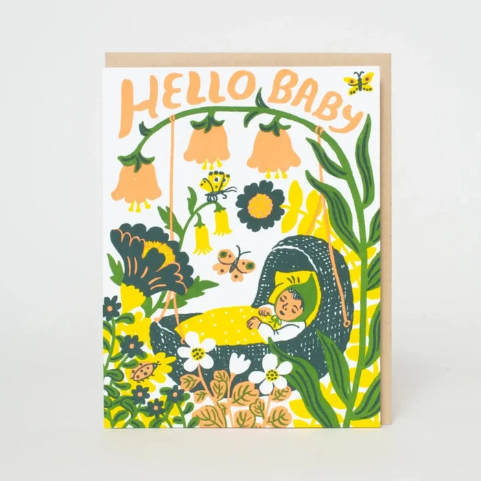 Greeting card with floral design and 'Hello Baby' text on a white background