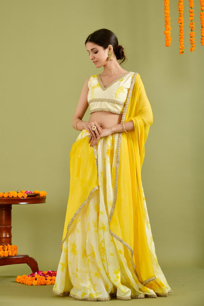 Egg Shell White Silk Tie-Dye Printed Lehenga Set