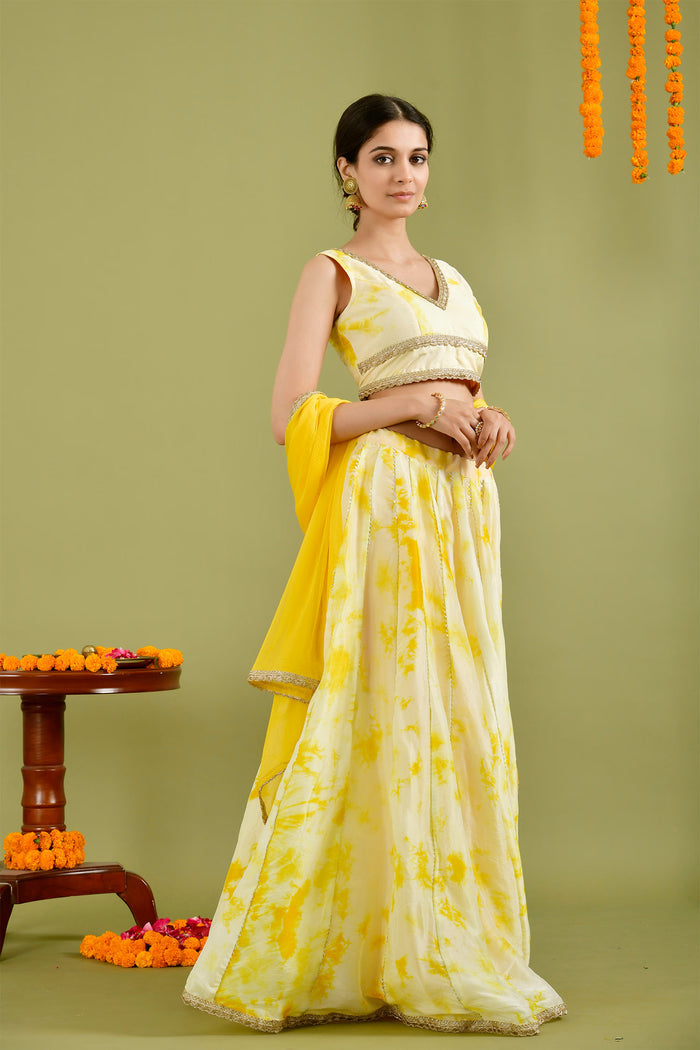 Egg Shell White Silk Tie-Dye Printed Lehenga Set