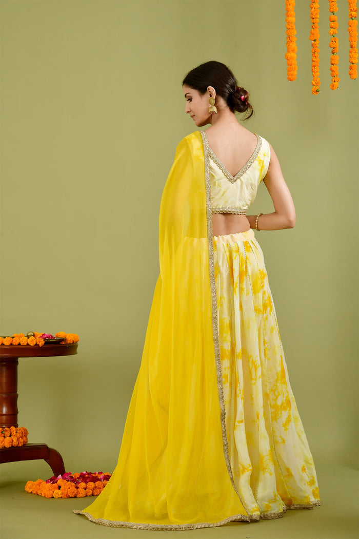 Egg Shell White Silk Tie-Dye Printed Lehenga Set