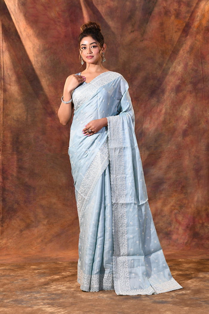 Electric Blue Floral Silk Blend Saree