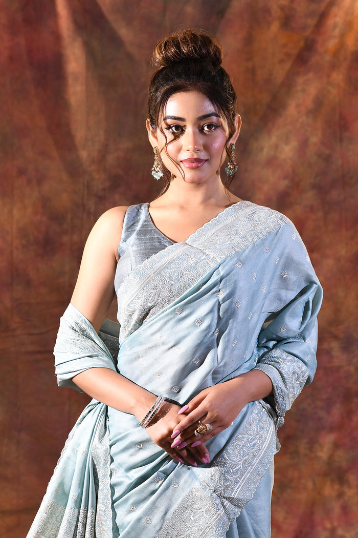 Electric Blue Floral Silk Blend Saree