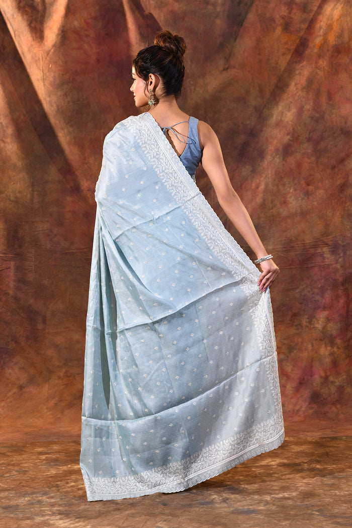 Electric Blue Floral Silk Blend Saree