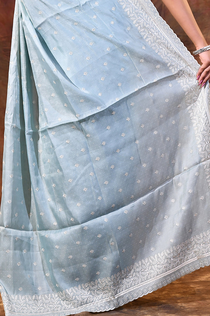 Electric Blue Floral Silk Blend Saree