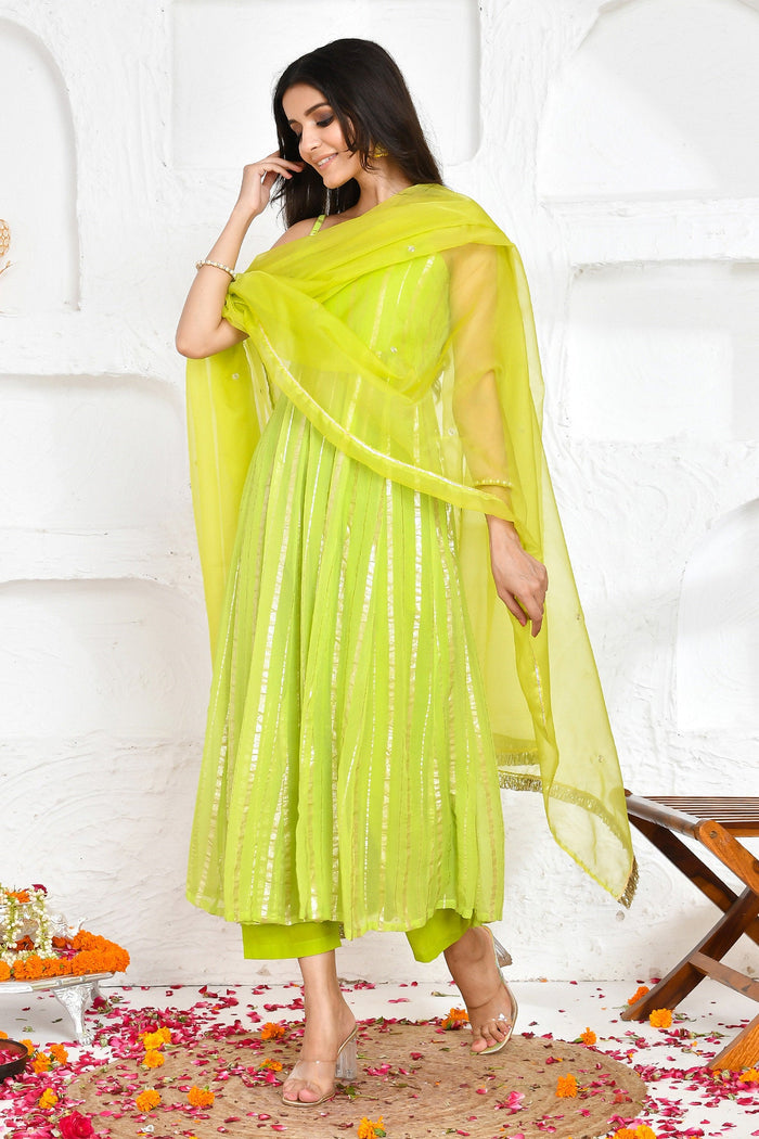 Electric Lime Green Georgette Lurex Suit Set