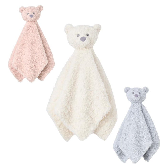 Three teddy bear security blankets in soft pastel colors: pink, cream, and light blue, arranged on a plain white background.