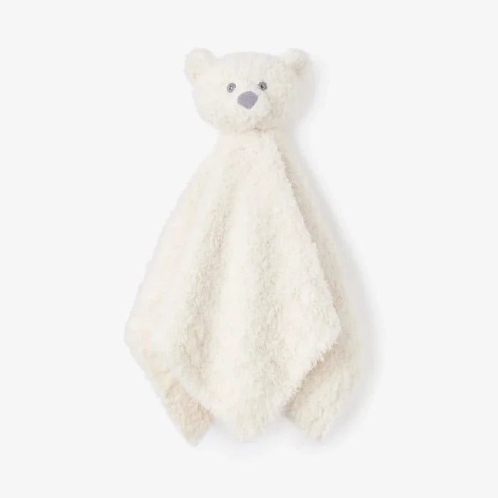 A cream-colored plush teddy bear security blanket with a soft, textured sherpa-like body and a small embroidered face, shown against a plain white background.