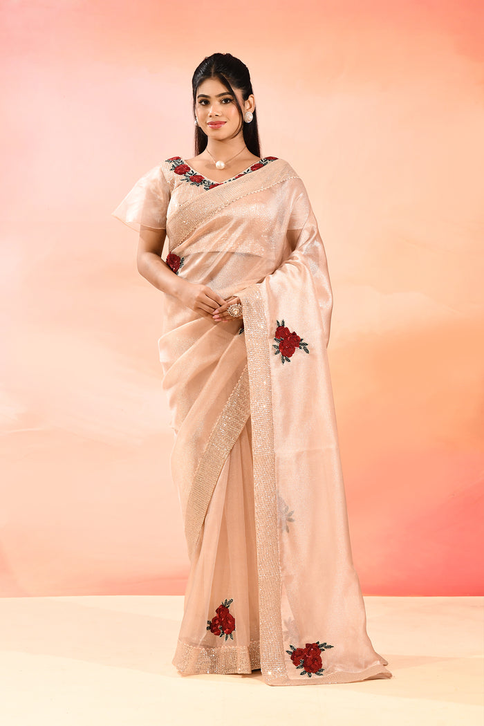 Elegant Peach With Embroidered Rose Motifs Silk Blend Designer Saree