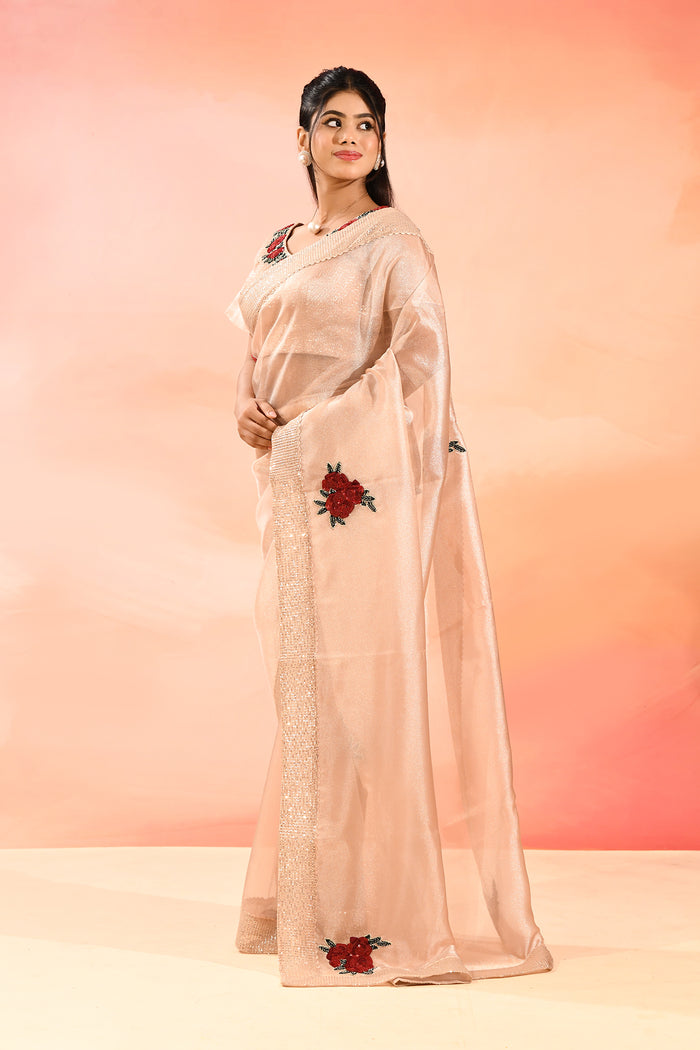 Elegant Peach With Embroidered Rose Motifs Silk Blend Designer Saree