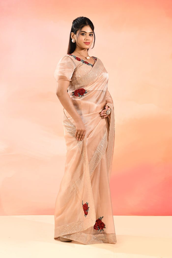 Elegant Peach With Embroidered Rose Motifs Silk Blend Designer Saree